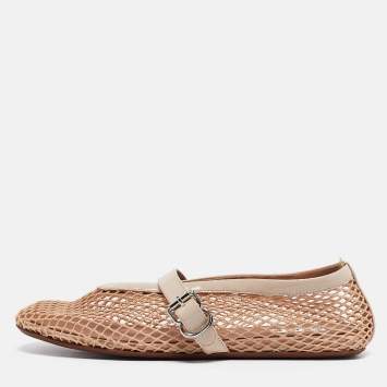 Pre Owned Alaia Beige Mesh and Patent Leather Buckle Strap Ballet Flats Size 37