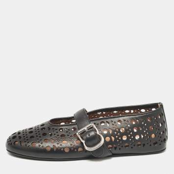 Pre Owned Alaia Black Perforated Leather Mary Jane Ballet Flats Size 37