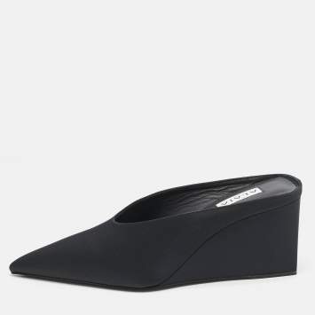 Pre Owned Alaia Black Satin Cube Wedge Mules Size 38