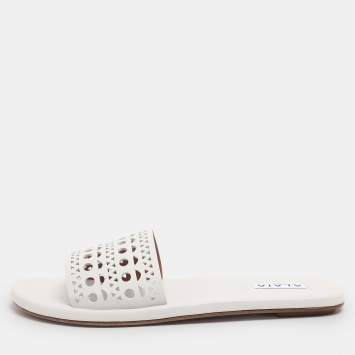 Pre Owned Alaia White Leather Vienne Flat Slide Size 38