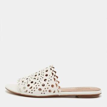Pre Owned Alaia White Leather Vienne Flat Slides Size 41