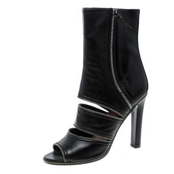 Pre Owned Alaia Black Leather Peep Toe Zipper Booties Size 39