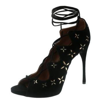 Pre Owned Alaia Black Suede With Metallic Gold Floral Embroidery Scallop Trim Open Toe Pumps Size 40  
