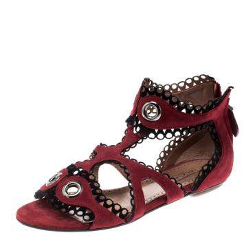 Pre Owned Alaia Maroon Suede Scallop Trim Eyelet Embellished Ankle Cuff Flat Sandals Size 35