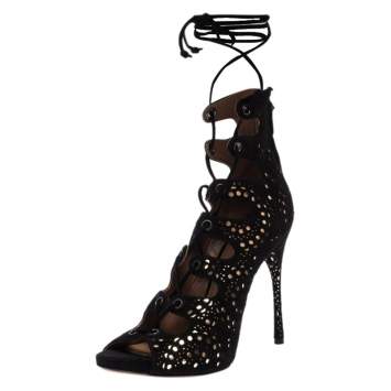 Pre Owned Alaia Black Laser Cut Suede And Metallic Gold Leather Gladiator Boot Sandals Size 37.5