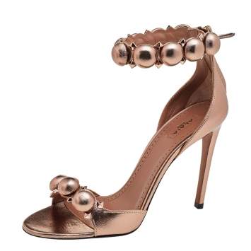 Pre Owned Alaia Metallic Rose Gold Leather Bombe Ankle Strap Sandals Size 39.5