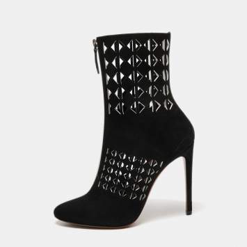 Pre Owned Alaia Black Suede Cutout Front Zip Ankle Boots Size 38.5