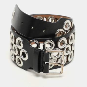 Pre Owned Alaia Black Leather Grommet Waist Belt 75CM