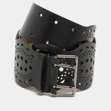 Pre Owned Alaia Black Leather Laser Cut Buckle Waist Belt 70CM