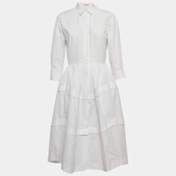 Pre Owned Alaia White Cotton Tiered Midi Shirt Dress M