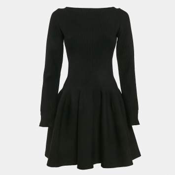Pre Owned Alaia Black Patterned Wool Blend Knit Full Sleeve Mini Dress M
