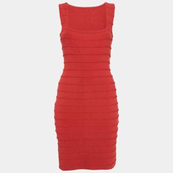 Pre Owned Alaia Red Patterned Jersey Sleeveless Mini Dress L