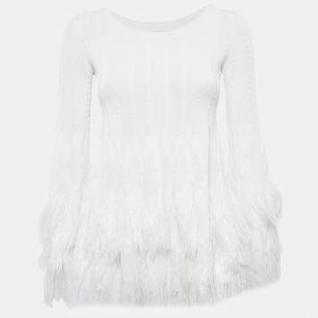 Pre Owned Alaia White Textured Knit Fray Detail Top M
