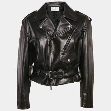 Pre Owned Alaia Black Leather Cropped Zip-Up Biker Jacket S