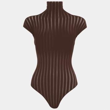 Pre Owned Alaia Brown Stripe Pattern Jersey High-Neck Bodysuit S