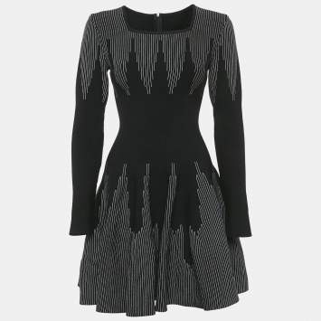 Pre Owned Alaia Black Stripe Detail Wool Blend Knit Fit and Flare Mini Dress M