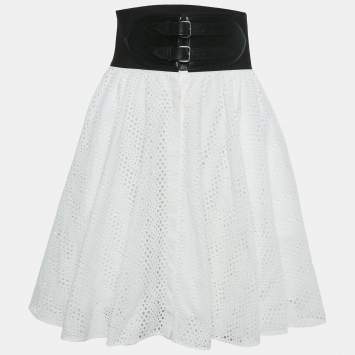 مملوكة مسبقًا Alaia White Sangallo Cotton and Leather Trim Belted Skirt S