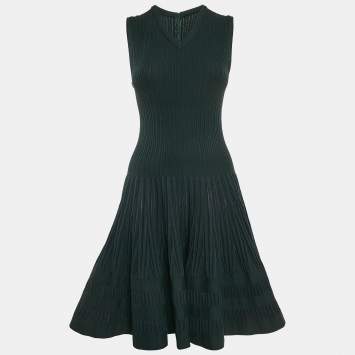 Pre Owned Alaia Green Textured Knit Sleeveless Flared Mini Dress with Cardigan L