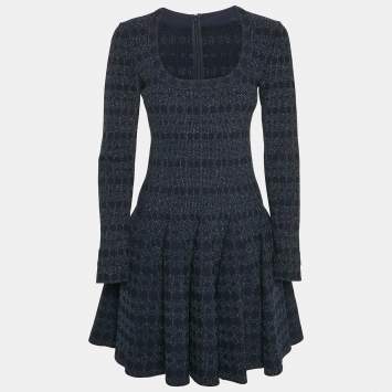 Pre Owned Alaia Navy Blue Lurex Knit Scoop Neck Flared Mini Dress M