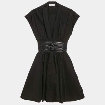 Alaia Black Poplin Leather Buckle Mini Japanese Dress XS