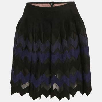 Alaia Black/Navy Blue Chevron Pattern Silk Blend Knit Mini Skirt M