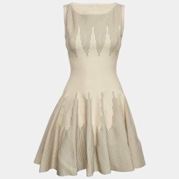 Alaia Cream Wool Blend Knit Fit and Flare Sleeveless Mini Dress M
