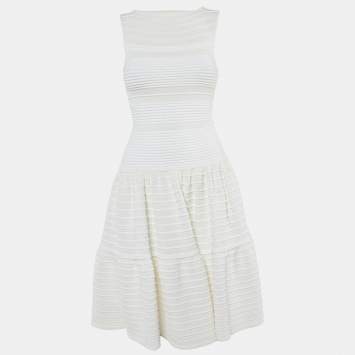 Pre Owned Alaia Ivory Ribbed Knit Fit & Flare Dress M
