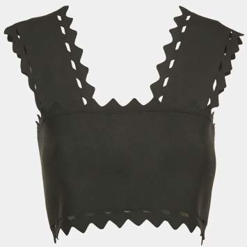 Pre Owned Alaia Black Stretch Knit Cut-Out Scallop Crop Top S