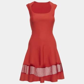 Pre Owned Alaia Red Stretch Knit Flared Sleeveless Mini Dress M