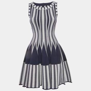 Pre Owned Alaia Blue/White Geometric Pattern Stretch Knit Mini Dress M