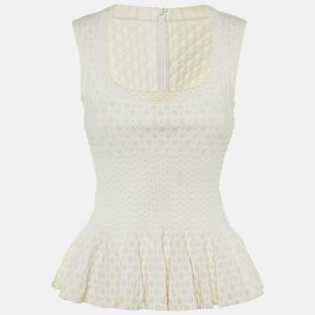 Pre Owned Alaia Ivory Dotted Jacquard Knit Peplum Top M