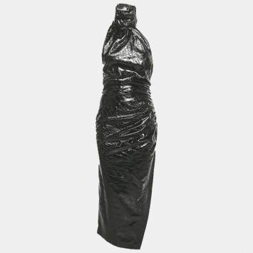 Pre Owned Alaia Black Crocodile Pattern Faux Leather Asymmetric Midi Dress M