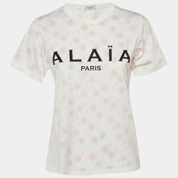 مملوكة مسبقًا Alaia White Floral Logo Print Cotton Crew Neck T-Shirt M 