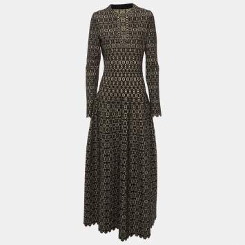 Pre Owned Alaia Black Metallic Stretch Knit Lace Pattern Maxi Dress L