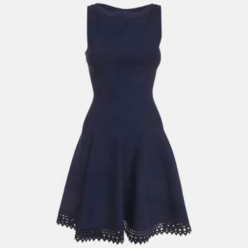 Pre Owned Alaia Blue Stretch Knit Flared Cut-Out Mini Dress S