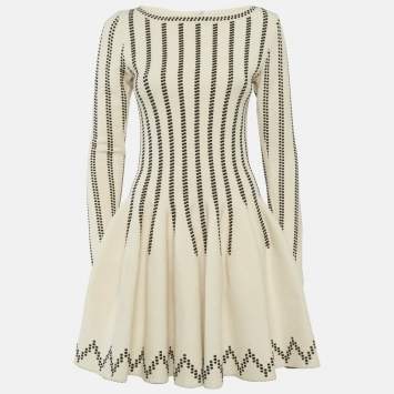 Pre Owned Alaia Beige Stripe Intarsia Stretch Knit Flared Mini Dress S