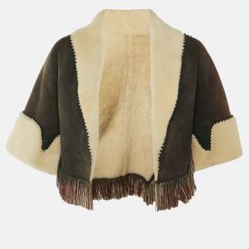 Pre Owned Alaia Brown/Black Shearling Fringed Cropped Jacket M