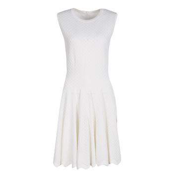 Pre Owned Alaia White Knit Embroidered Chevron Hem Fit and Flare Dress M