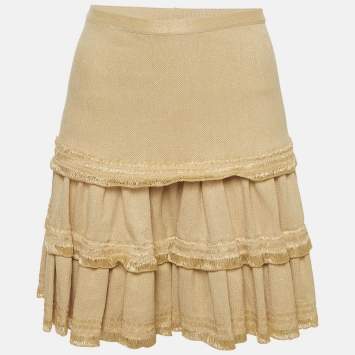 Pre Owned Alaia Beige Beige Textured Raffia Knit Flared Tiered Mini Skirt M