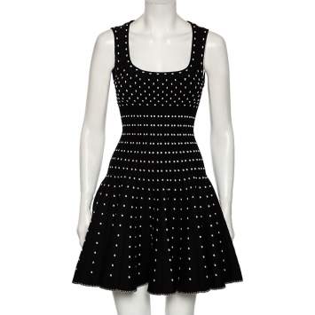 Pre Owned Alaia Black Wool Dobby Dotted Sleeveless Flared Dress M