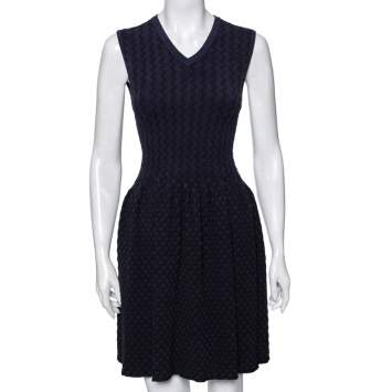 Pre Owned Alaia Navy Blue Patterned Stretch Knit Sleeveless Flared Dress S