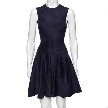 Pre Owned Alaia Navy Blue Felt Knit Sleeveless Flared Dress S