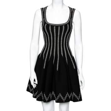 Pre Owned Alaia Black Wool Dobby Dotted Sleeveless Flared Dress S