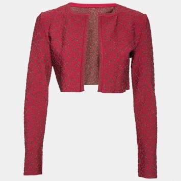 Pre Owned Alaia Red Patterned Lurex Knit Open Front Cropped Shrug M