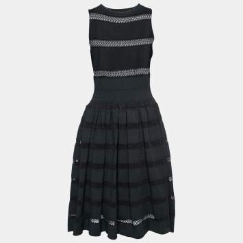 Pre Owned Alaia Black Knit & Lace Paneled Sleeveless Flared Dress M