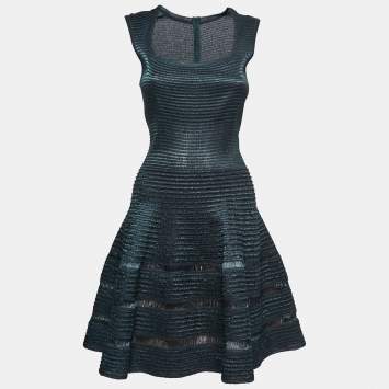 Pre Owned Alaia Green/Blue Textured Viscose Flared Dress M