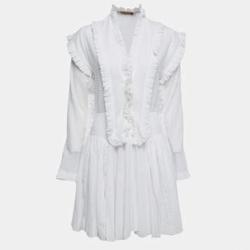 Pre Owned Alaia White Dotted Cotton Long Sleeve Ruffled Mini Dress M