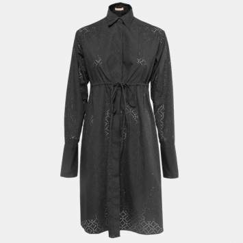 Pre Owned Alaia Black Perforated Cotton Blend Button Front Midi Shirt Dress S  