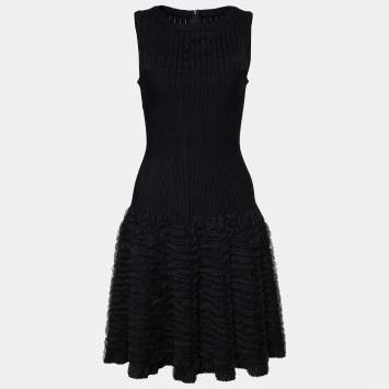 Pre Owned Alaia Black Wool Knit Tulle Detail Sleeveless Midi Dress M