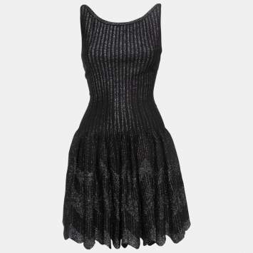 Pre Owned Alaia Black/Metallic Striped Lurex Knit Skater Mini Dress M